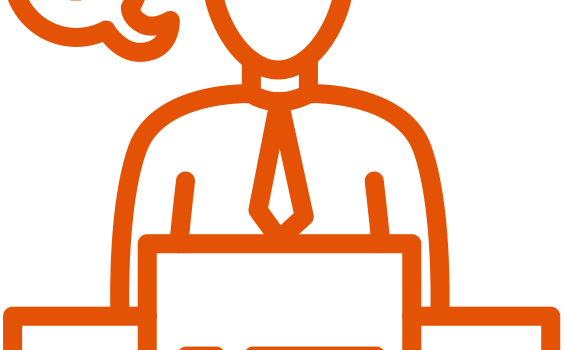 ico-dienstleistungen-a-z Eine Grafik zeigt einen Menschen als Ansprechpartner mit Sprechblase hinter einem Computer