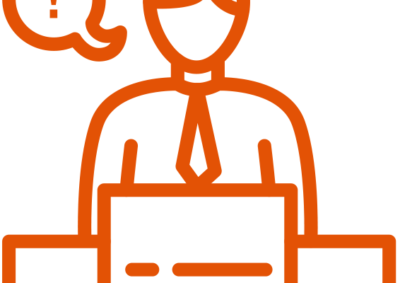 Eine Grafik zeigt einen Menschen als Ansprechpartner mit Sprechblase hinter einem Computer