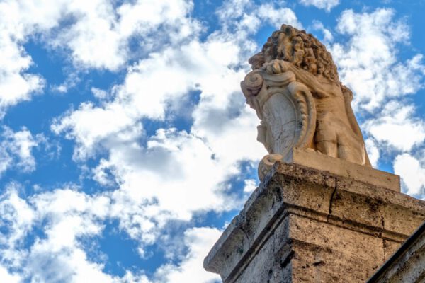 Löwenstatue vor blau-weißem Himmel © Hans Mitterer