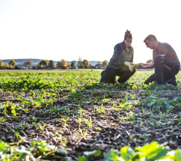 Farmerin und Farmer begutachten Feld © Annette Birkenfeld