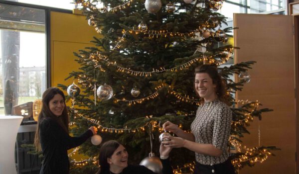 Das Team der Bürgerinfo schmückte den großen Weihnachtsbaum im Foyer des Bürgerhauses für die Musik am Weihnachtsbaum. © Stadt Burghausen/ebh