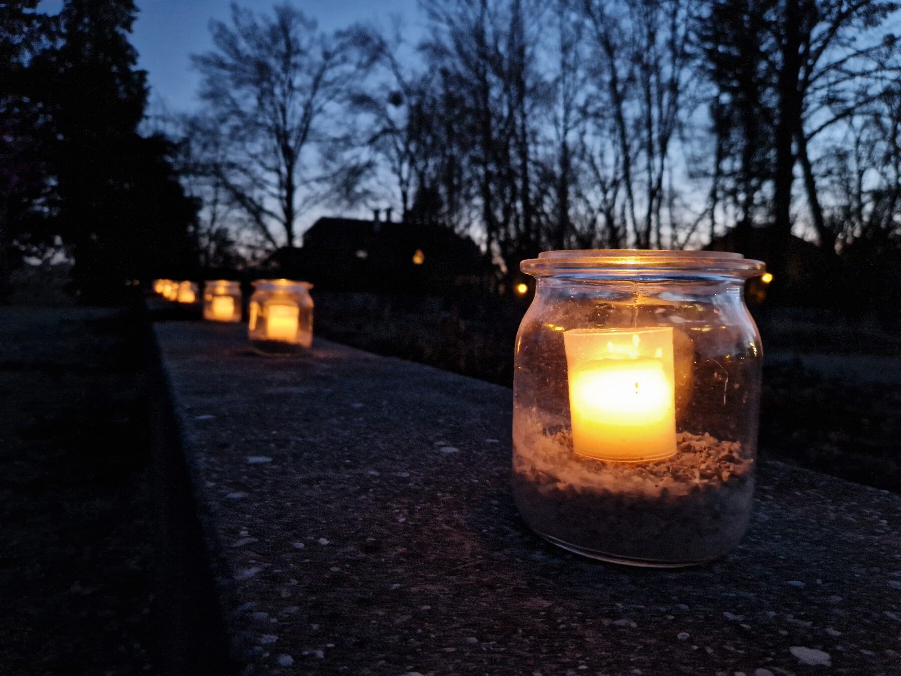 Viele Kerzen flackerten zur Gedenkveranstaltung für die Opfer des Holocaust am 27. Januar 2024 auf den Mauern im Botanischen Garten. Die Mauern stellen den Grundriss der Villa Galitzenstein dar. Fotocredit: Stadt Burghausen/ebh