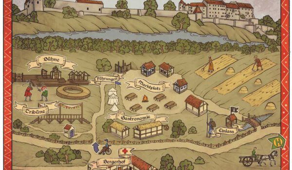 Ein Plan gezeichnet als Skizze im mittelalterlichen Stil eines Buchdrucks, der das Festgelände mit den verschiedenen Bereichen zeigt. Im Hintergrund die Burg zu Burghausen.