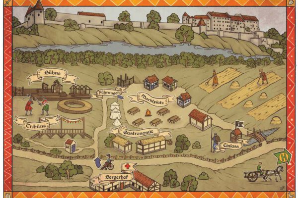 PM-160-Kinderfuehrungen_Helmbrecht_Grafik-Lena-Hieber.pdf_VAK Ein Plan gezeichnet als Skizze im mittelalterlichen Stil eines Buchdrucks, der das Festgelände mit den verschiedenen Bereichen zeigt. Im Hintergrund die Burg zu Burghausen.