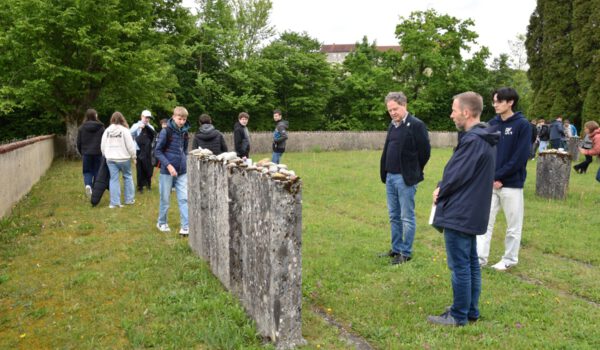 FOTO: In Gedenken an 80 Jahre Kriegsende: 1. Bürgermeister Florian Schneider und Stefan Angstl, 3. Bürgermeister und Lehrer am AVG, betrachten Grabsteine auf dem KZ-Friedhof am Pulverturm, während Schülerinnen und Schüler symbolisch nach jüdischer Sitte Steine ablegen. Fotocredit: Stadt Burghausen / Gauer