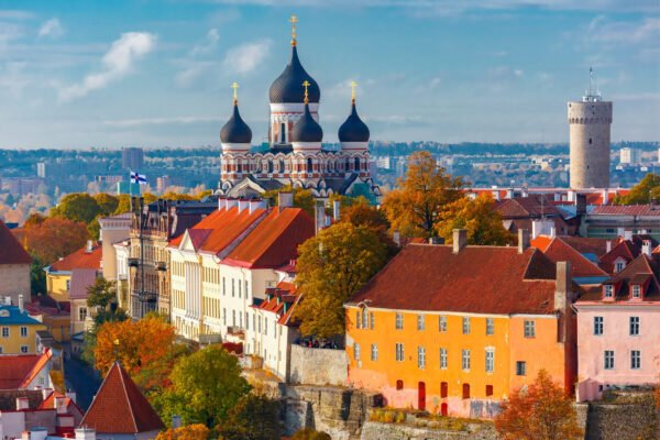 Aerial view old town, Tallinn, Estonia Toompea hill with tower Pikk Hermann and Russian Orthodox Alexander Nevsky Cathedral, view from the tower of St. Olaf church, Tallinn, Estonia