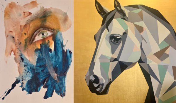 Ausschnitte eines Bildes von Jasmin Widura (l.) und Magnus Ganghofner, die die unterschiedlichen Stile und Herangehensweise der beiden Kunstschaffenden an die Malerei symbolisieren. Fotocredit: Widura/Ganghofner