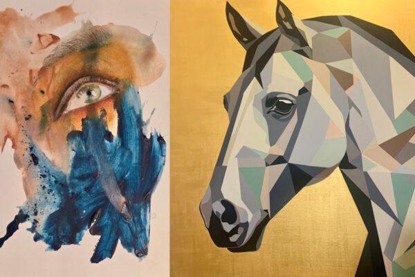 Ausschnitte eines Bildes von Jasmin Widura (l.) und Magnus Ganghofner, die die unterschiedlichen Stile und Herangehensweise der beiden Kunstschaffenden an die Malerei symbolisieren. Fotocredit: Widura/Ganghofner