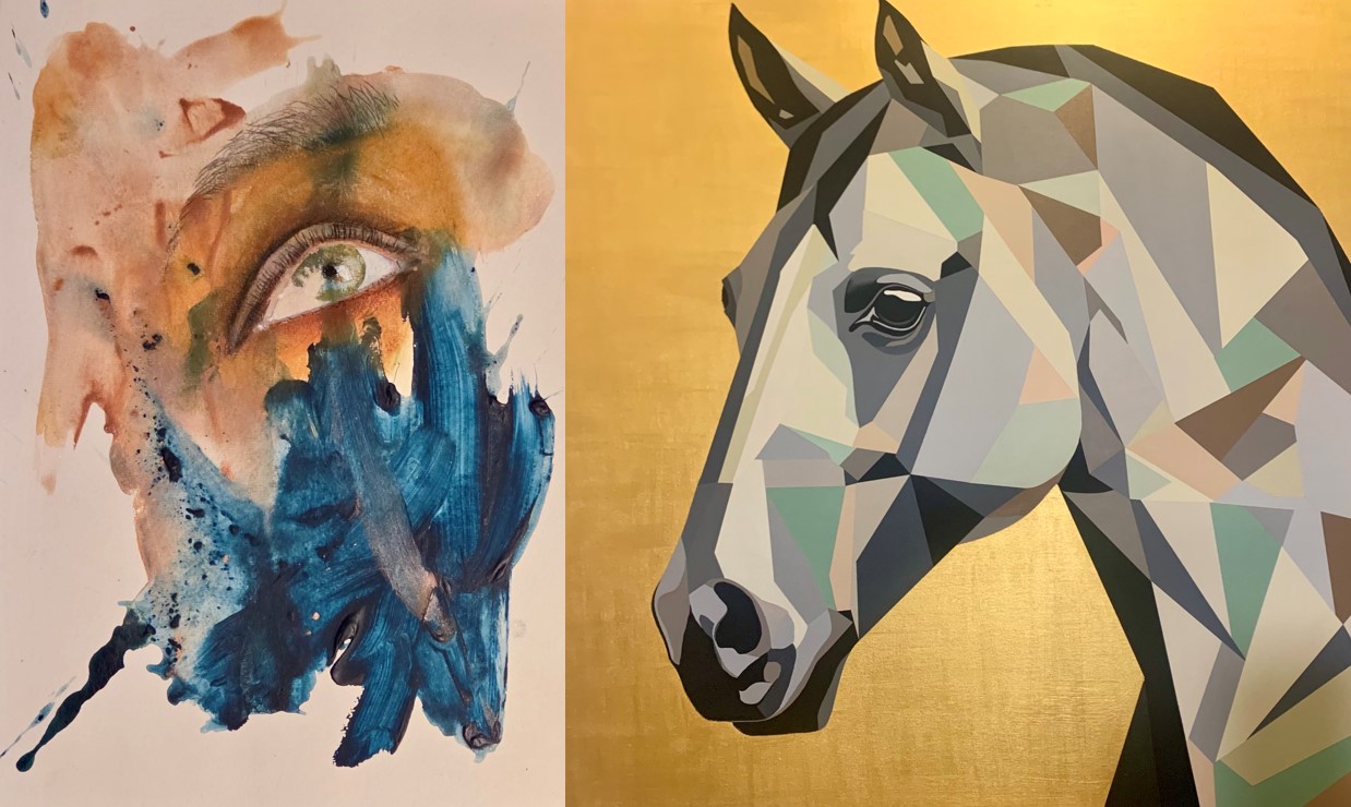 Ausschnitte eines Bildes von Jasmin Widura (l.) und Magnus Ganghofner, die die unterschiedlichen Stile und Herangehensweise der beiden Kunstschaffenden an die Malerei symbolisieren. Fotocredit: Widura/Ganghofner