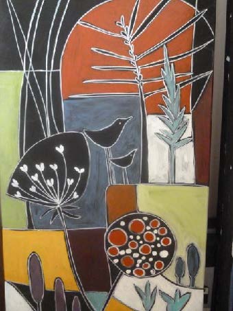 Die Natur steht bei Dagmar Sorgner Thiel im Mittelpunkt   neben Acryl und Papier verwendet die Künstlerin auch Naturmaterialien  Fotocredit: Stadt Burghausen