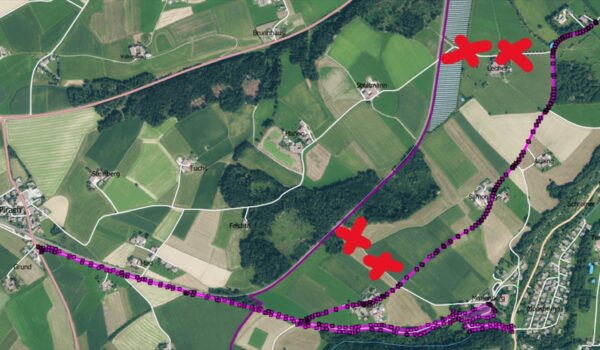 2026_09_21_Sperrung_Bahnübergang_Lehner_Umfahrungsplan Aufgrund der Sanierung der Bahnübergange Lehner und Mühlweg muss die Gemeindestraße zwischen der Berghamer Straße und Lehner sowie der Mühlweg von Montag, 21. September, bis voraussichtlich Donnerstag, 05. November 2026, vollständig für den Verkehr gesperrt werden.