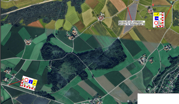 2026_09_21_Stadt_Burghausen_Vollsperrung_Bahnübergang_Lehner_Plan Aufgrund der Sanierung der Bahnübergange Lehner und Mühlweg muss die Gemeindestraße zwischen der Berghamer Straße und Lehner sowie der Mühlweg von Montag, 21. September, bis voraussichtlich Donnerstag, 05. November 2026, vollständig für den Verkehr gesperrt werden.
