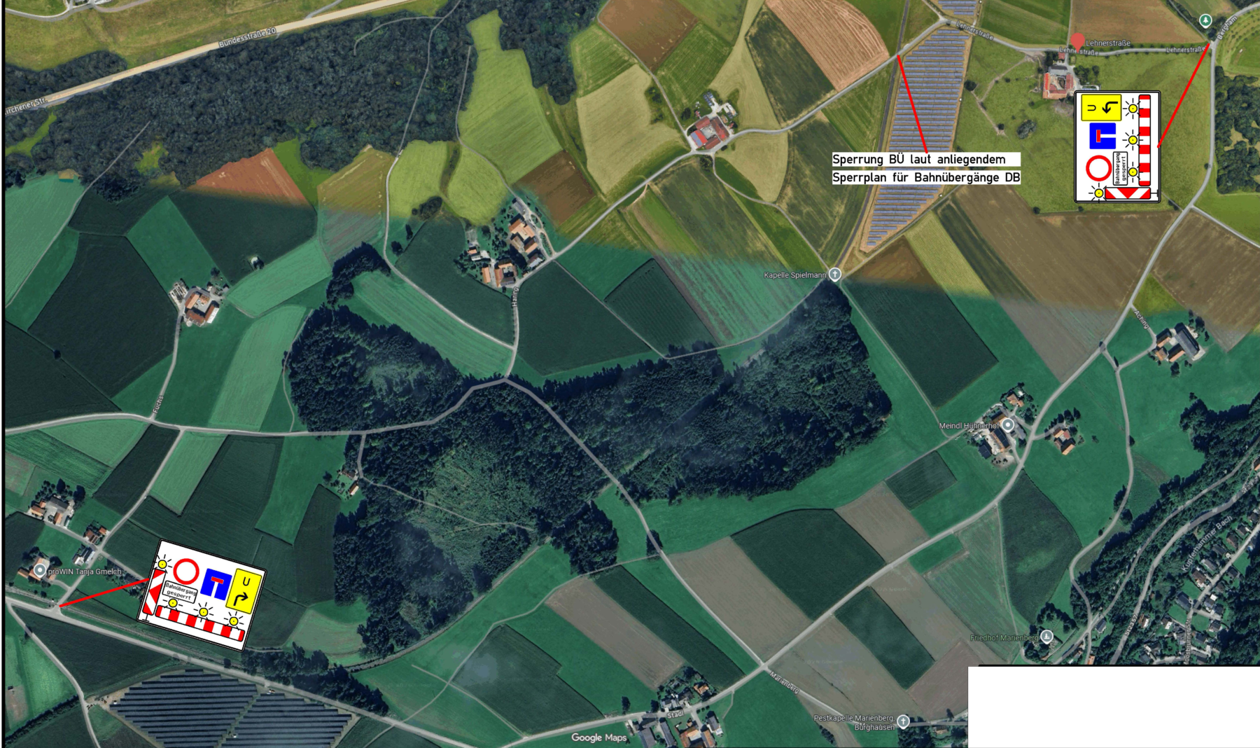 Aufgrund der Sanierung der Bahnübergange Lehner und Mühlweg muss die Gemeindestraße zwischen der Berghamer Straße und Lehner sowie der Mühlweg von Montag, 21  September, bis voraussichtlich Donnerstag, 05  November 2026, vollständig für den Verkehr gesperrt werden 